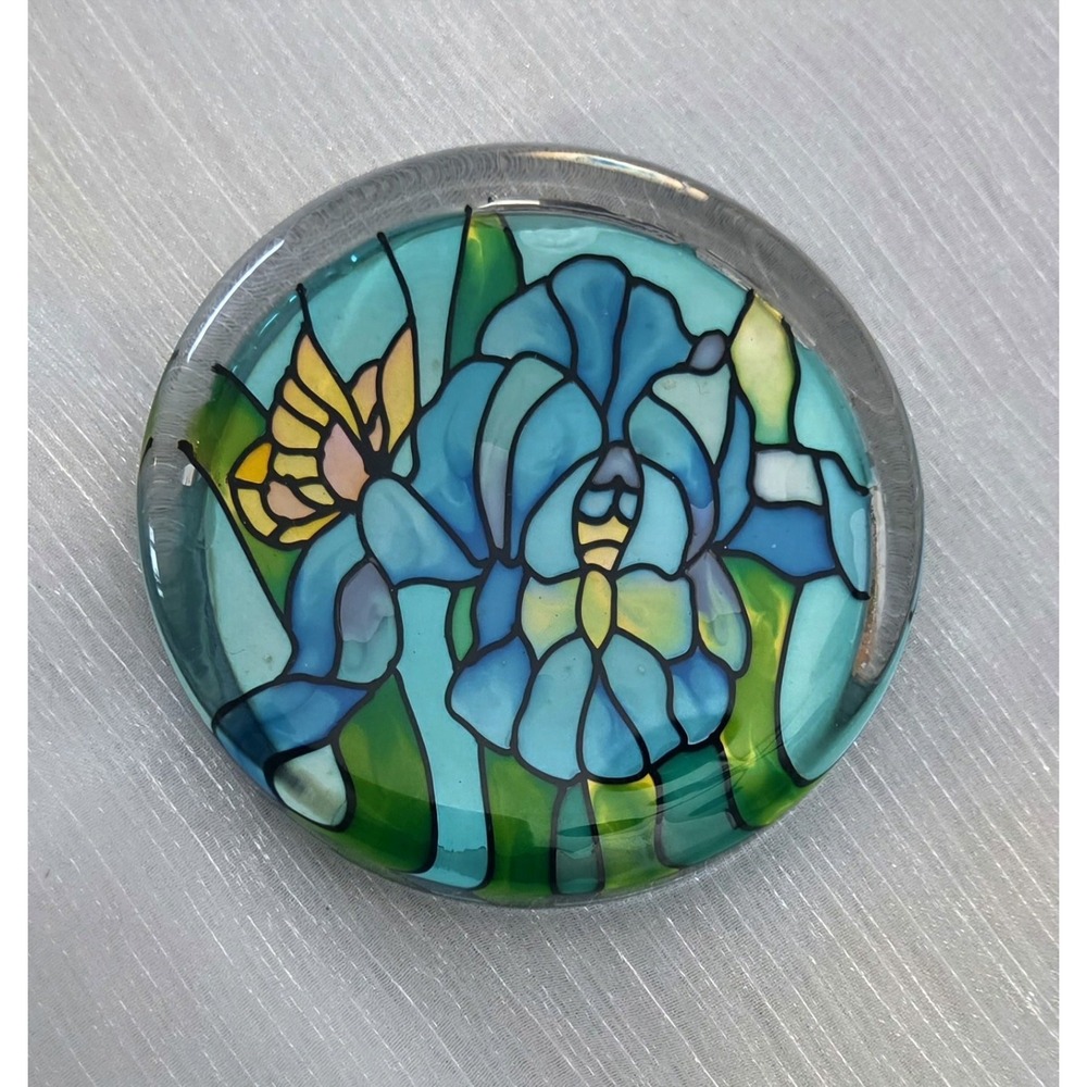 Joan Baker Designs Blue Iris Butterfly Handpainted Stained Glass Paperweight - Picture 5 of 5